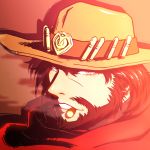  1boy beard brown_eyes brown_hair bullet cape cigar close-up commentary cowboy_hat face facial_hair hat looking_at_viewer male_focus mccree_(overwatch) overwatch portrait red_cape sijia_wang smoking solo 