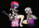  2girls bangs bare_legs blue_eyes blue_hair blush boots brown_boots clothes_pull doremy_sweet dress eyebrows_visible_through_hair from_side grey_hair grey_wings hat jacket kishin_sagume lowres multiple_girls no_shoes pixel_art pom_pom_(clothes) pulled_by_self purple_dress purple_skirt red_eyes santa_hat short_dress short_hair short_sleeves single_wing sitting skirt skirt_lift socks squatting tail takorin tapir_tail touhou white_legwear wings yuri 