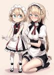  2girls adjusting_clothes apron blonde_hair blue_eyes blush braid commentary_request eyebrows_visible_through_hair flying_sweatdrops frilled_apron frilled_sleeves frills full_body g36_(girls_frontline) girls_frontline glasses gloves long_ponytail maid maid_apron maid_headdress multiple_girls ponytail red_ribbon ribbon seiza shijiu_(adamhutt) short_hair single_braid sitting skirt thigh_strap white_gloves white_legwear younger 