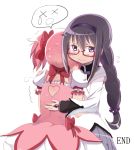  2girls akemi_homura alknasn black_hair blush braid capelet dress embarrassed english glasses hair_ribbon hairband hug kaname_madoka long_hair magical_girl mahou_shoujo_madoka_magica multiple_girls pink_dress pink_hair ribbon teardrop twin_braids violet_eyes x_x 