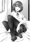  1girl :d absurdres bangs bed bed_sheet between_legs black_legwear blush collared_shirt commentary_request crotch_seam curtains feet foreshortening full_body greyscale hairband hand_between_legs highres indoors kyuuso_inukami leaning_back miniskirt monochrome no_shoes on_bed open_mouth original panties panties_under_pantyhose pantyhose pantyshot pantyshot_(sitting) ribbon round_teeth school_uniform see-through shirt short_sleeves sitting skirt smile sweater_vest teeth toes tsurime underwear upskirt wing_collar 