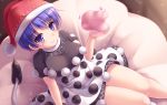  1girl :3 bed_sheet blob blue_eyes blue_hair blush commentary doremy_sweet dream_soul dress eyebrows_visible_through_hair hat highres light_particles looking_at_viewer lzh multicolored multicolored_clothes multicolored_dress nightcap pom_pom_(clothes) short_hair short_sleeves solo tail tapir_tail thighs touhou 