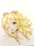  1girl blonde_hair bow brown_eyes chestnut_mouth colored_pencil_(medium) commentary_request drill_hair eromanga_sensei eyebrows_visible_through_hair face hair_bow head_tilt highres long_hair looking_at_viewer one_eye_closed open_mouth portrait red_bow sidelocks solo to_ufu@to_ufu traditional_media yamada_elf 