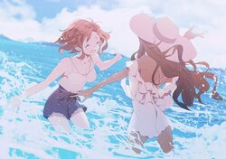  2girls ^_^ black_hair breasts cleavage closed_eyes dress hat loyalists mila_babicheva multiple_girls ocean redhead sara_crispino shorts sun_hat wading water yuri!!!_on_ice 