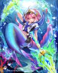  1girl battle_siren_janka bubble cardfight!!_vanguard company_name coral fish full_body hat head_fins mermaid military_hat monster_girl official_art open_mouth pink_eyes pink_hair polearm sailor_collar solo sparkle spear sptuel star teeth underwater weapon 