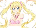  1girl blonde_hair blue_eyes bra flower hair_between_eyes hair_flower hair_ornament highres jewelry long_hair looking_at_viewer mermaid mermaid_melody_pichi_pichi_pitch monster_girl nanami_lucia pink_bra ponytail shell_necklace smiley_face underwear 