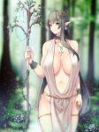  1girl bangs blue_eyes blurry blush breasts cleavage closed_mouth collarbone cowboy_shot depth_of_field earrings elf eyebrows_visible_through_hair forest grey_hair hand_up hips holding holding_staff huge_breasts jewelry light_smile long_hair looking_at_viewer nature navel original outdoors pelvic_curtain pointy_ears revealing_clothes robe smile solo staff standing taka_(vert_320) thighs very_long_hair 