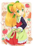  1girl :o apron bangs blonde_hair blush bread carrot cowboy_shot dress egg food frilled_apron frilled_dress frills from_behind green_apron green_eyes green_ribbon hair_ribbon long_hair long_sleeves looking_at_viewer mizuno_mumomo multicolored multicolored_background open_mouth outline polka_dot polka_dot_apron ponytail red_dress ribbon rockman rockman_(classic) roll sidelocks solo standing tomato tying tying_apron white_outline 