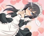  alternate_costume apron asashio_(kantai_collection) black_hair blue_eyes blush commentary_request dutch_angle enmaided eyebrows_visible_through_hair fingers_together hair_between_eyes heart heart_background kantai_collection long_hair looking_at_viewer maid maid_apron maid_headdress open_mouth spoken_blush tamayan 