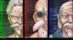  3boys :d bald bang_(one-punch_man) beard clenched_teeth copyright_name dragon_ball facial_hair fenrisu1fr grin highres hunter_x_hunter isaac_netero looking_at_viewer multiple_boys mustache muten_roushi old_man one-punch_man open_mouth smile sunglasses teeth white_hair wrinkles 