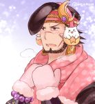  &gt;:o 1boy :o beard blush bracer breath brown_hair commentary_request earmuffs earrings facial_hair facial_scar flipped_hair gradient gradient_background hands_on_own_chest hands_up hat jewelry looking_away male_focus marshmallow_mille mittens nose_blush nose_scar ookuninushi_(p&amp;d) open_mouth pink_scarf polka_dot polka_dot_scarf print_scarf puzzle_&amp;_dragons scar scarf short_hair solo tamadra twitter_username upper_body violet_eyes wristband 