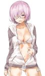  1girl alternate_costume bikini black-framed_eyewear breasts casual collarbone cowboy_shot fate/grand_order fate_(series) glasses hair_over_one_eye highres hood hooded_track_jacket jacket looking_at_viewer medium_breasts midriff open_clothes open_jacket open_mouth purple_hair shielder_(fate/grand_order) short_hair side-tie_bikini swimsuit thighs track_jacket unzipped violet_eyes white_bikini yakitomeito 