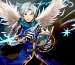  1boy altair_(granblue_fantasy) artist_name book feathered_wings glasses gloves granblue_fantasy grey_hair k_w_r male_focus open_mouth solo upper_body wings yellow_eyes 