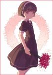  1girl black_dress blurry border brown_eyes brown_hair closed_mouth depth_of_field dress flower from_side hairband highres kneehighs light_smile looking_at_viewer original red_border short_hair single_kneehigh solo spider_lily white_legwear wreath yasiromann 