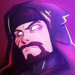  1boy angry beanie beard blackwatch_reyes brown_hair close-up commentary face facial_hair hat hood hooded_jacket jacket looking_at_viewer male_focus overwatch portrait purple_background reaper_(overwatch) sijia_wang simple_background solo 