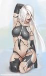  1girl arm_over_head arm_up artist_name blue_eyes breasts closed_mouth elbow_gloves emanuel_mendez gloves highres lips long_hair medium_breasts mole mole_under_mouth nier_(series) nier_automata nose patreon_username signature solo watermark web_address white_hair yorha_type_a_no._2 