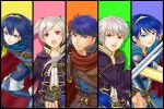  2girls 3boys blue_eyes blue_hair cape closed_mouth column_lineup dual_persona female_my_unit_(fire_emblem:_kakusei) fire_emblem fire_emblem:_akatsuki_no_megami fire_emblem:_kakusei fire_emblem:_mystery_of_the_emblem fire_emblem:_souen_no_kiseki grin hairband headband holding holding_sword holding_weapon hood ike ike_(fire_emblem) komugikomix long_hair looking_at_viewer lucina lucina_(fire_emblem) male_focus male_my_unit_(fire_emblem:_kakusei) marth marth_(fire_emblem) matching_hair/eyes multiple_boys multiple_girls my_unit_(fire_emblem:_kakusei) nintendo open_mouth parted_lips round_teeth serious short_hair smile super_smash_bros. sword teeth tiara twintails weapon white_hair 