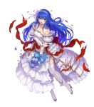  1girl bangs bare_shoulders blue_eyes blue_hair boots bouquet detached_collar dress eyebrows_visible_through_hair fire_emblem fire_emblem:_mystery_of_the_emblem fire_emblem_heroes flower full_body hair_flower hair_ornament hairband high_heels highres holding long_hair official_art open_mouth petals sakai_yoshikuni sheeda sleeveless sleeveless_dress solo torn_clothes transparent_background wedding_dress white_dress white_legwear 