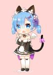  1girl animal_ears ayami_(annahibi) blue_eyes blue_hair blush bow breasts cat_ears cat_tail chibi cleavage clenched_hand detached_sleeves eyes_visible_through_hair fang frilled_sleeves frills hair_ornament hair_over_one_eye looking_at_viewer maid open_mouth pink_bow re:zero_kara_hajimeru_isekai_seikatsu rem_(re:zero) short_hair tail thigh-highs twintails white_legwear wings x_hair_ornament zettai_ryouiki 