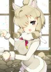  1girl alpaca_ears alpaca_suri_(kemono_friends) animal_ears bangs blonde_hair bow fur_collar fur_trim hair_over_one_eye highres kemono_friends long_sleeves multicolored_hair naitou_ryuu open_mouth short_hair tail vest 