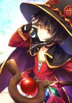  1girl bandage bandaged_leg belt black_gloves black_hair blurry button_eyes cape collar depth_of_field dress fingerless_gloves gloves hat highres holding holding_staff kono_subarashii_sekai_ni_shukufuku_wo! megumin red_dress red_eyes ro_risu short_hair_with_long_locks single_thighhigh solo staff thigh-highs v witch_hat 