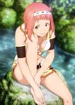  1girl absurdres barefoot breasts brown_eyes cleavage closed_mouth feet hairband hands_on_feet highres looking_at_viewer medium_breasts midriff navel nina_dragnot official_art pink_hair scan shingeki_no_bahamut shingeki_no_bahamut:_genesis shingeki_no_bahamut:_virgin_soul short_hair sitting smile solo toes water wet 