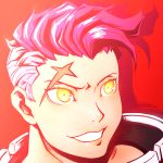  1girl :d close-up face open_mouth overwatch pink_hair portrait red_background scar scar_across_eye short_hair sijia_wang simple_background smile solo yellow_eyes zarya_(overwatch) 