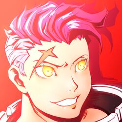  1girl :d close-up face open_mouth overwatch pink_hair portrait red_background scar scar_across_eye short_hair sijia_wang simple_background smile solo yellow_eyes zarya_(overwatch) 