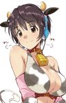  1girl =3 animal_ears animal_print bangs bell bell_collar belt black_hair breasts brown_eyes cleavage closed_mouth collar cow_bell cow_ears cow_print cow_tail eyebrows_visible_through_hair fake_animal_ears headphones idolmaster idolmaster_cinderella_girls large_breasts looking_at_viewer official_style oikawa_shizuku short_hair simple_background smile solo tail upper_body white_background youhei_(testament) 