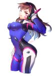  1girl arched_back arm_at_side artist_name bangs blue_bodysuit bodysuit breasts brown_eyes brown_hair cowboy_shot d.va_(overwatch) facepaint facial_mark from_side hand_on_headphones headphones high_collar light_smile long_hair looking_at_viewer looking_to_the_side medium_breasts overwatch pilot_suit poroi_(poro586) ribbed_bodysuit shoulder_pads signature simple_background skin_tight solo swept_bangs whisker_markings white_background 