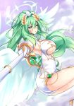  1girl blush breasts cleavage green_hair green_heart large_breasts long_hair looking_at_viewer neptune_(series) polearm ponytail power_symbol solo spear symbol-shaped_pupils vert very_long_hair violet_eyes warabi_mochi_(ehimedaisuki) weapon 