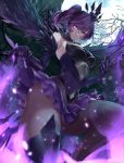  1girl bad_perspective bangs bare_shoulders boots breasts bright_pupils covered_navel dark_elementalist_lux dress elbow_gloves elementalist_lux fake_wings feather_trim frilled_skirt frills from_below full_moon gloves graveyard hair_ornament hikarusorano league_of_legends lipstick looking_at_viewer luxanna_crownguard makeup medium_breasts moon night pantyhose perspective ponytail purple_dress purple_hair purple_lipstick short_dress single_thighhigh skirt skirt_lift smile solo staff strapless strapless_dress thigh-highs thigh_boots thighs tombstone tree violet_eyes wings 