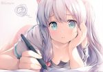  1girl adrenaline!!! barefoot blue_eyes bow breasts chin_rest chiyingzai cleavage closed_mouth collarbone downblouse eromanga_sensei foreshortening hair_bow hand_on_own_cheek holding izumi_sagiri long_hair looking_at_viewer lying naked_shirt off_shoulder on_stomach shirt short_sleeves sidelocks silver_hair small_breasts solo squiggle stylus tareme twitter_username 