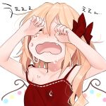  1girl blonde_hair camisole crying fang flandre_scarlet gotoh510 highres open_mouth simple_background solo strap_slip touhou upper_body wavy_mouth white_background wings 