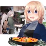  1boy 2girls bangs blonde_hair blue_eyes brown_eyes cardigan character_request drooling edmond_dantes_(fate/grand_order) eyebrows_visible_through_hair fate/grand_order fate_(series) grey_hair hair_between_eyes hair_over_one_eye ichigopantsu kitchen long_hair looking_at_another mittens multiple_girls open_cardigan open_clothes open_mouth paella parted_lips rice ruler_(fate/apocrypha) sidelocks sparkle sweat sweater turtleneck turtleneck_sweater upper_body very_long_hair wavy_hair 