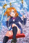  black_legwear blue_eyes blue_skirt blush bow bowtie cherry_blossoms hair_bow keisuke_(0320030103200301) kneehighs kousaka_honoka looking_at_viewer love_live! love_live!_school_idol_project open_mouth orange_hair petals red_bow red_bowtie short_hair side_ponytail sitting skirt smile swing_set swinging teeth thighs yellow_bow 