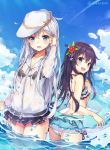  2girls akatsuki_(kantai_collection) bikini bikini_skirt bird black_bikini blue_eyes blue_skirt clouds cloudy_sky day flat_cap flower hair_flower hair_ornament hat hibiki_(kantai_collection) highres huwali_(dnwls3010) innertube jacket kantai_collection long_hair looking_at_viewer multiple_girls open_mouth outdoors purple_hair see-through silver_hair skirt sky smile swimsuit very_long_hair wading wet wet_clothes white_bikini 