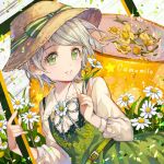  1girl belt blush chamomile eyebrows_visible_through_hair flower green_eyes grey_hair holding holding_flower long_sleeves looking_at_viewer original parted_lips roo short_hair smile solo 