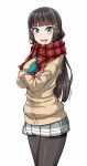  1girl black_hair black_legwear blush brown_coat coat crossed_arms eyebrows_visible_through_hair green_eyes grey_skirt kurosawa_dia looking_at_viewer love_live! love_live!_sunshine!! mole mole_under_mouth open_mouth pantyhose plaid plaid_scarf red_scarf scarf simple_background skirt solo wavy_mouth white_background yopparai_oni 