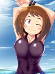  1girl ;) armpits arms_up bare_shoulders blue_sky blush_stickers boku_no_hero_academia breasts brown_hair cleavage clouds covered_navel day dripping large_breasts looking_at_viewer ocean one_eye_closed outdoors pants short_hair sky smile solo stretch sweat sweating tamezou tank_top track_pants uraraka_ochako violet_eyes wristband 
