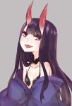  1girl :d alternate_hair_length alternate_hairstyle bangs bare_shoulders blunt_bangs commentary_request eyebrows_visible_through_hair fangs fate/grand_order fate_(series) grey_background horns i.u.y japanese_clothes long_hair looking_at_viewer off_shoulder oni oni_horns open_mouth purple_hair shuten_douji_(fate/grand_order) simple_background smile solo teeth upper_body violet_eyes 