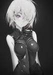  1girl absurdres armor armored_dress arms_behind_back bare_shoulders blush breasts breasts_apart closed_mouth dress fate/grand_order fate_(series) greyscale hair_over_one_eye highres hong looking_at_viewer medium_breasts monochrome ribbed_dress ribbed_shirt serious shielder_(fate/grand_order) shirt short_hair sleeveless sleeveless_dress solo spot_color turtleneck upper_body violet_eyes 