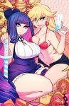  2girls belly blonde_hair blue_eyes bra breasts candy cleavage cuffs dress earrings fat_folds food gun handcuffs jewelry large_breasts long_hair looking_at_viewer medium_breasts multiple_girls navel panties panty_&amp;_stocking_with_garterbelt panty_(psg) plump purple_hair saane short_dress shorts smile stocking_(psg) sword thick_thighs thighs unbuttoned_pants underwear weapon wide_hips 