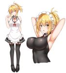  1girl armpits black_legwear blonde_hair blush breasts closed_mouth elf etan14 full_body garter_straps green_eyes highres large_breasts looking_at_viewer maid maid_headdress multiple_views original parted_lips pointy_ears ponytail sidelocks smile solo standing thigh-highs 