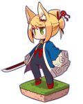  1girl 7th_dragon 7th_dragon_(series) :&lt; animal_ears bell bell_collar blonde_hair blush character_request chibi collar fox_ears green_eyes holding holding_sword holding_weapon looking_away naga_u short_hair solo sword weapon 
