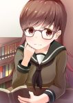 1girl :3 black_neckerchief blush book bookshelf brown_eyes brown_hair eyebrows_visible_through_hair glasses hamalu head_on_hand highres holding holding_book kantai_collection long_hair looking_at_viewer neckerchief ooi_(kantai_collection) open_mouth smile solo table 