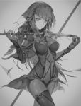  1girl armor bodysuit breasts covered_navel cowboy_shot fate/grand_order fate_(series) gae_bolg greyscale holding holding_weapon hong impossible_clothes large_breasts lips long_hair looking_at_viewer monochrome pauldrons polearm scathach_(fate/grand_order) shoulder_armor smile solo spear veil very_long_hair weapon 
