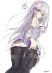  1girl absurdres ass bangs bare_shoulders black_legwear black_ribbon blunt_bangs breasts emilia_(re:zero) flower hair_flower hair_ornament hair_ribbon highres long_hair looking_at_viewer medium_breasts nao_(qqqbb) panties pantyhose re:zero_kara_hajimeru_isekai_seikatsu ribbon silver_hair sketch solo standing thigh_gap twitter_username underwear undressing very_long_hair violet_eyes white_panties 