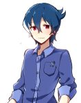  1boy akiba&#039;s_trip akiba&#039;s_trip_the_animation bloom blue_hair blue_shirt closed_mouth denkigai_tamotsu funkunsan highres long_sleeves looking_at_viewer male_focus multicolored_hair red_eyes shirt simple_background sleeves_folded_up smile solo streaked_hair upper_body white_background 