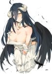  1girl absurdres ahoge albedo bare_shoulders black_hair breasts cleavage feathers highres horns large_breasts leaning_forward long_hair looking_at_viewer overlord_(maruyama) simple_background smile solo tuxedo_de_cat white_background wings yellow_eyes 